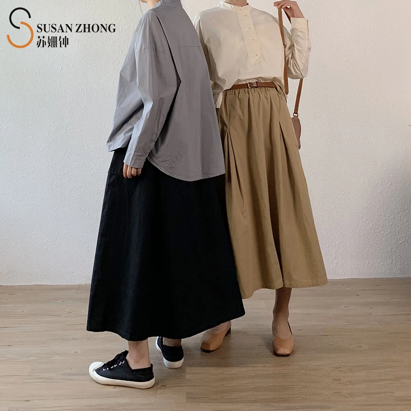 

Women Skirt Female Japanese Style Casual Designer A-LineÂ Pleated Full Loop Belt Big Side PocketsÂ Ankle-Length Solid Sashes Fall