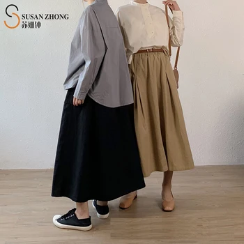 

Women Skirt Female Japanese Style Casual Designer A-LineÂ Pleated Full Loop Belt Big Side PocketsÂ Ankle-Length Solid Sashes Fall