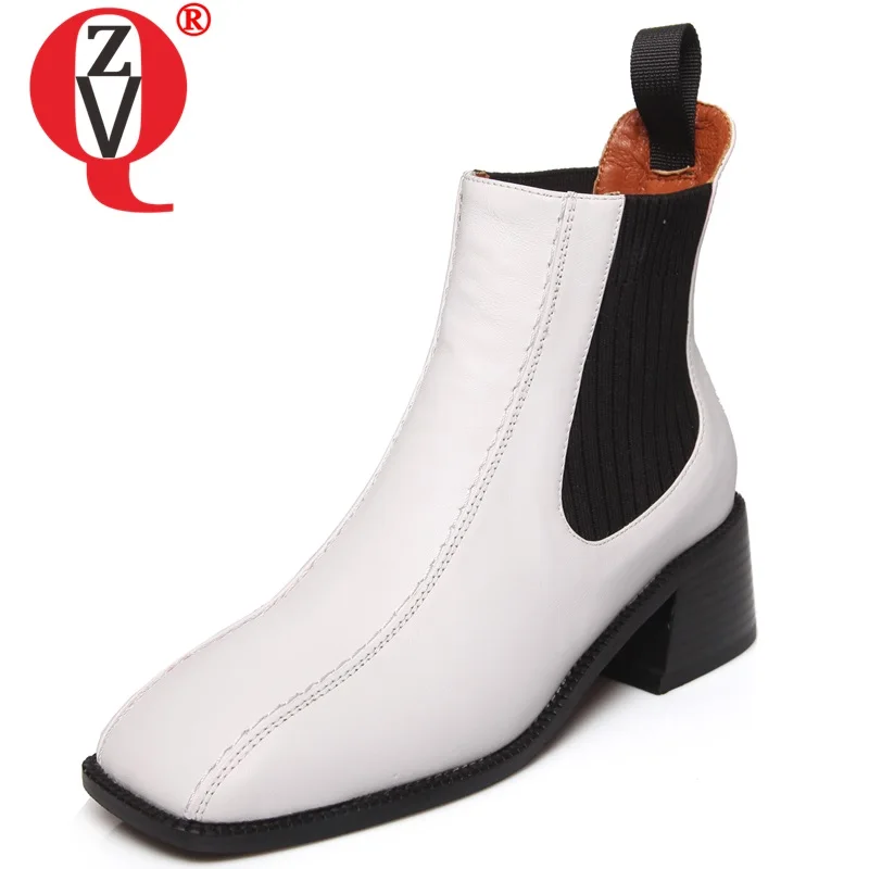 

ZVQ autumn newest concise ankle boots outside casual mid heels square toe genuine leather plus size women shoes drop shipping