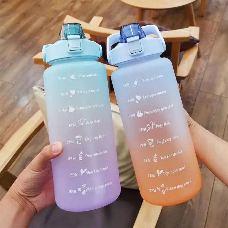 2 Liter Large Capacity Free Motivational With Time Marker Fitness Jugs Gradient Color Plastic Cups Outdoor Frosted Water Bottle | Дом и сад