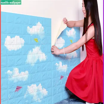 

3d PE wall stickers blue sky white clouds sky cartoon children room garden foam brick pattern bedroom self-adhesive wallpaper
