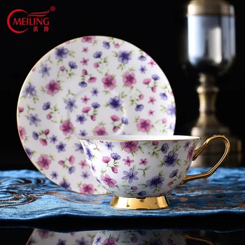 

MEILING Purple Flower Cup Coffee Cup Saucer Set Gold with Saucer Porcelain Handgrip Luxury Fine Bone China Wedding Gift Handmade