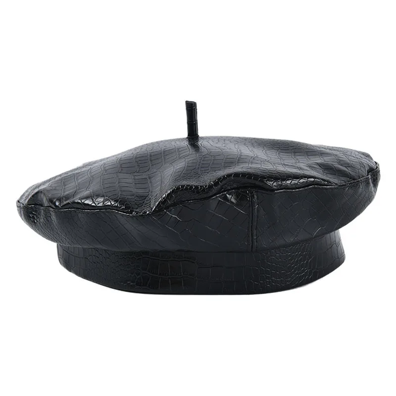 USPOP берет с крокодиловым узором женские береты из искусственной кожи женские зимние черные шапки модные шапки из искусственной кожи - Цвет: Черный
