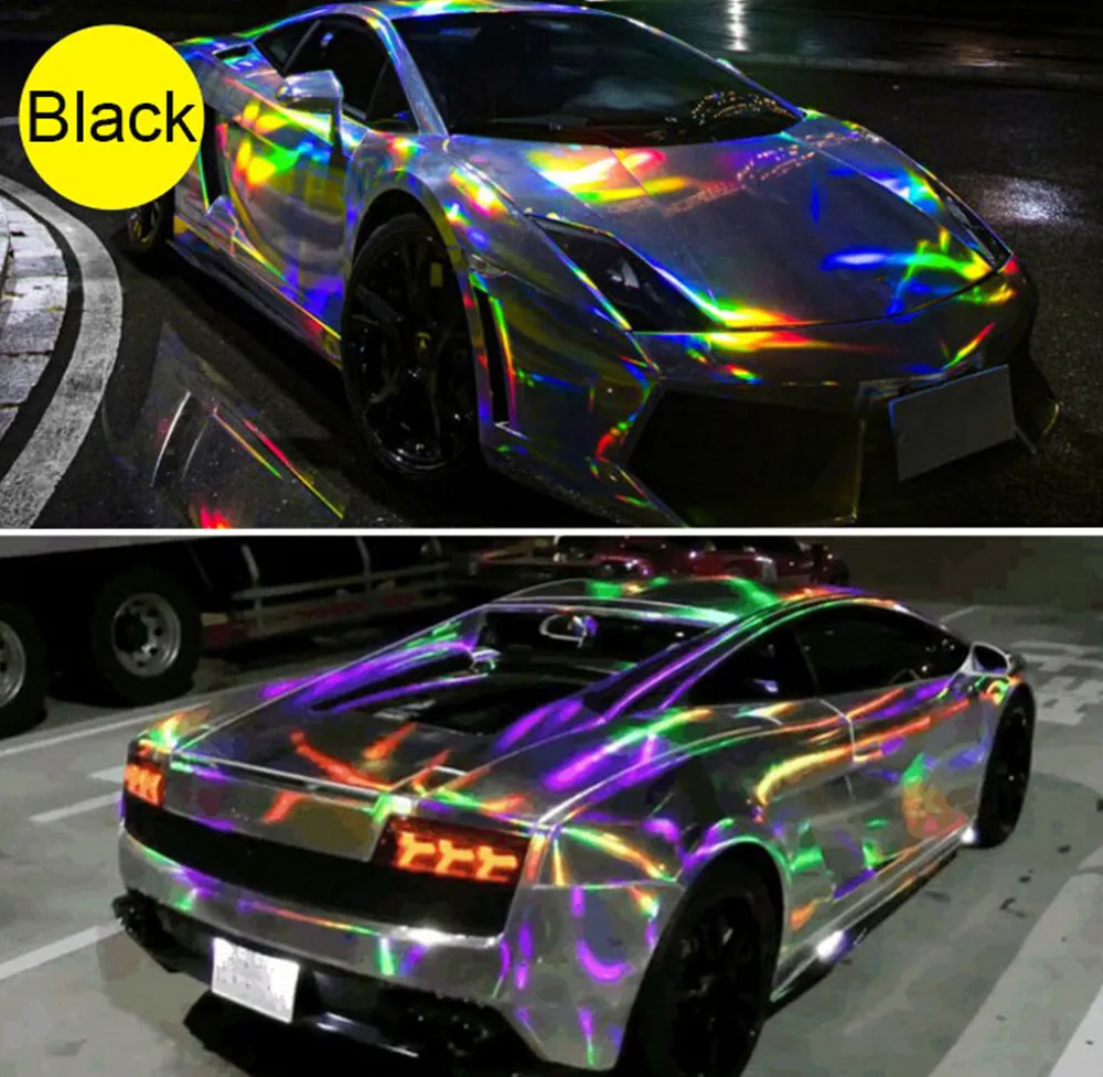 SUNICE 149*30cm Black Silver Holographic Laser Chrome Iridescent Car