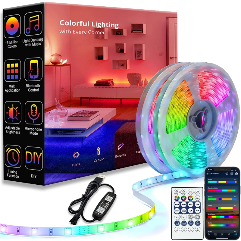 Светодиодная лента RGBIC WS2812b гибкая LED полоска с поддержкой Bluetooth и управлением