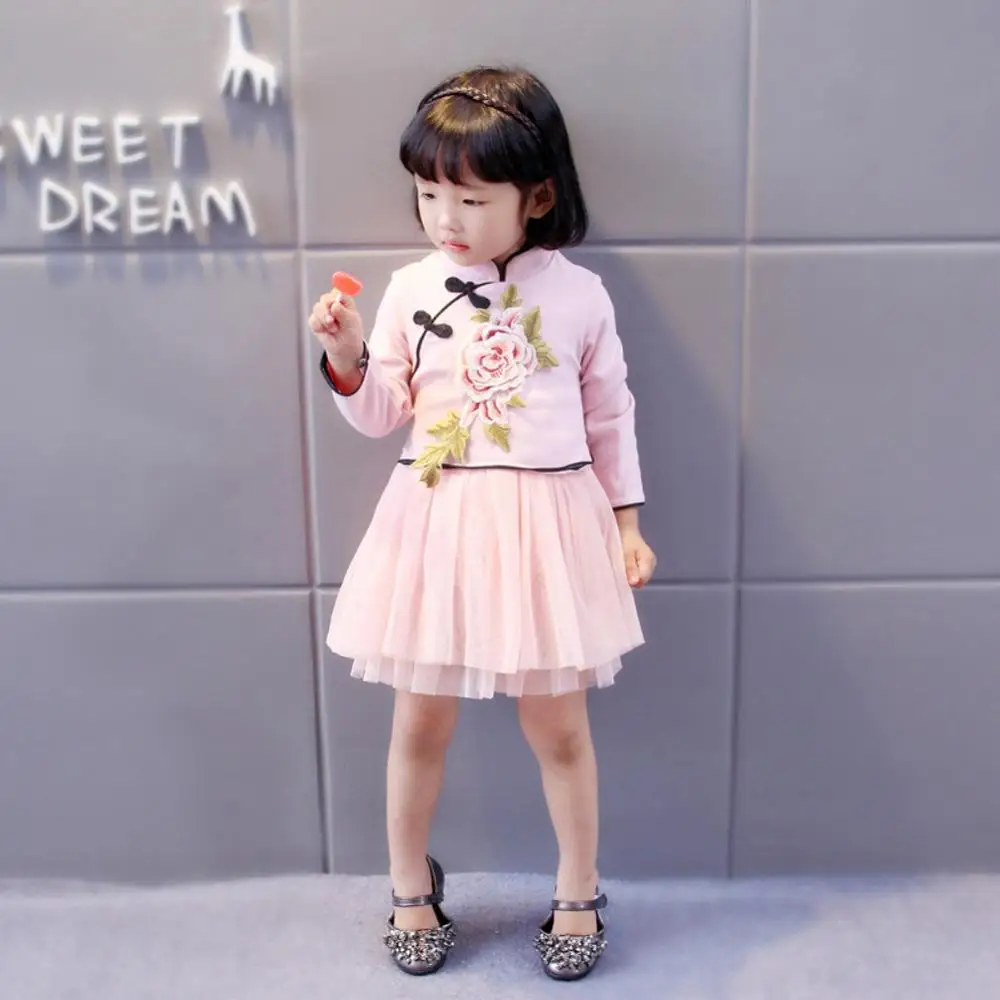 

Autumn Chinese Style Baby Girls Dress 0-5T Lovely Toddler Girl Flower Pattern Long Sleeve Patchwork Mesh Dress Kids Sundres #m