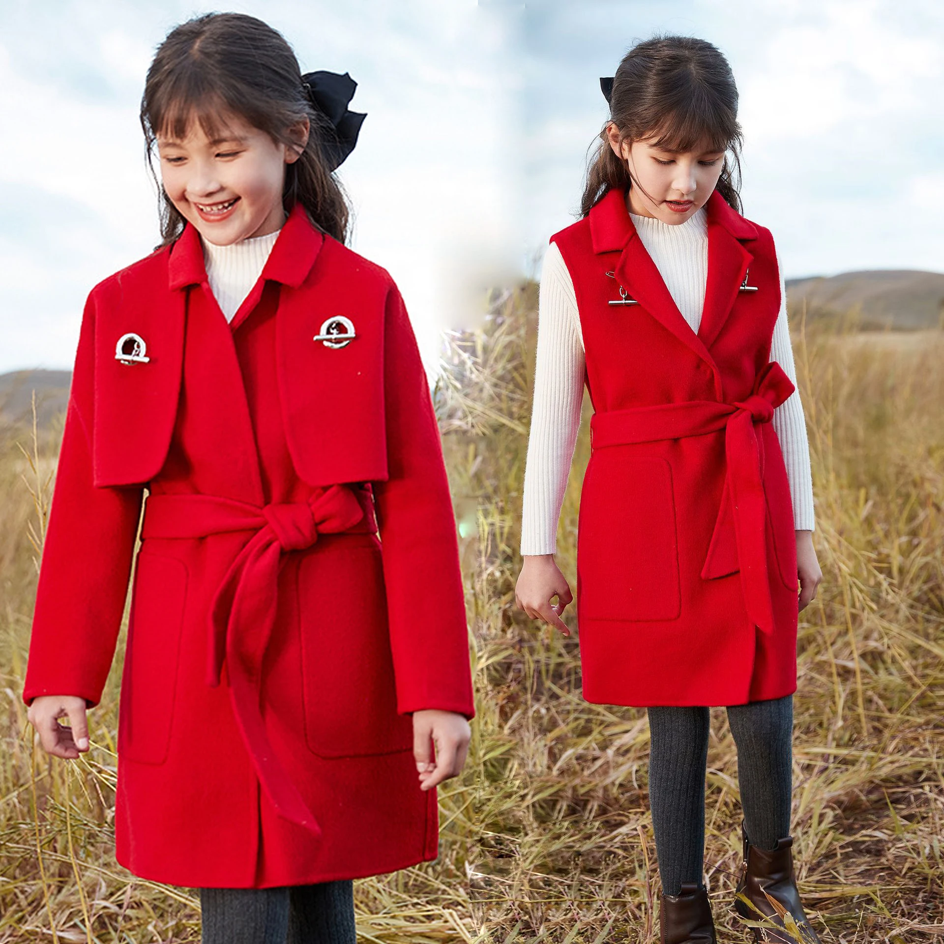

Children Coat for Girls Double-sided Woolen Overcoat 2 Pcs Autumn Winter Kids Outwear Thicken Christmas Girls Clothes 4 6 8 10 Y