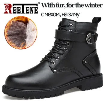 

REETENE Genuine Leather Boots Winter Shoes Men 2020 Fashion Ankle Boots Men Fur Plush Warm Vintage Shoes Classic Male Army Boots
