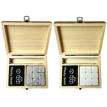 

2 Set Whiskey Stones with Words Wooden Box Whisky Rocks Stones Square Stone Wood Box-Gray-White & White