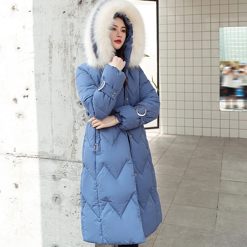 

2019 Autumn & Winter Mid-length Hooded down Cotton fu da Fur Collar Korean-style Slim Fit Waist Hugging Cotton-padded Clothes WO