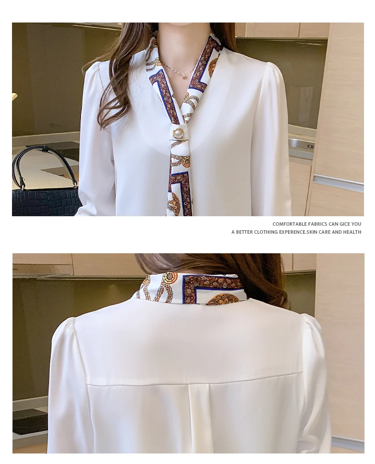 Women's Chiffon Long Sleeve V-Neck Blouse with Printed Bow 5