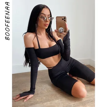 

BOOFEENAA Sexy Black Two Piece Set Off Shoulder Long Sleeve Crop Top and Biker Shorts 2 Peice Set Woman Clothes Outfits C83-CZ17