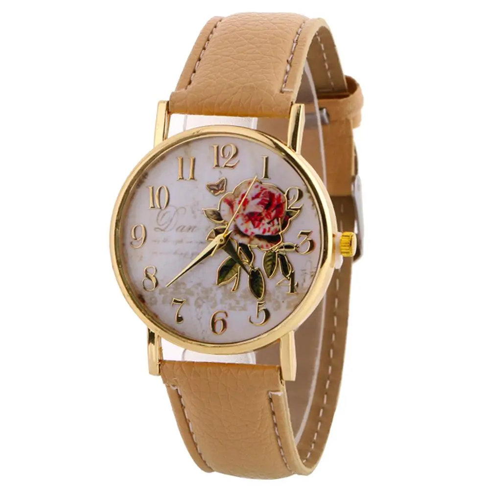 Rose Flower Round Dia Watch Women Elegant Watches Faux Leather Band Arabic Number Quartz Wristwatch Montre Femme Christmas Gift 5