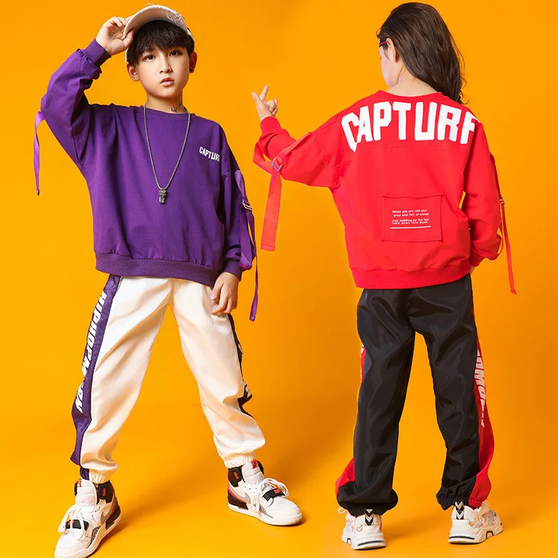 Коллекция года, осенне-зимний детский комплект для уличных танцев, Свободный Красный костюм в стиле хип-хоп с длинными рукавами для мальчиков детские костюмы для выступлений в стиле хип-хоп