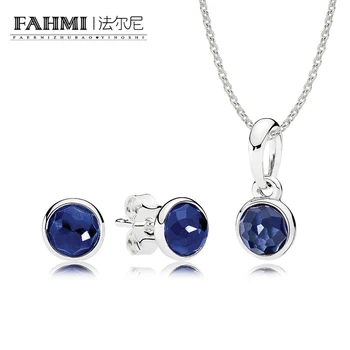 

2020 100% 925 Sterling Silver RAU0264 September Sapphire Blue Droplets Pendant Necklace Earrings Gift Set Jewelry Original