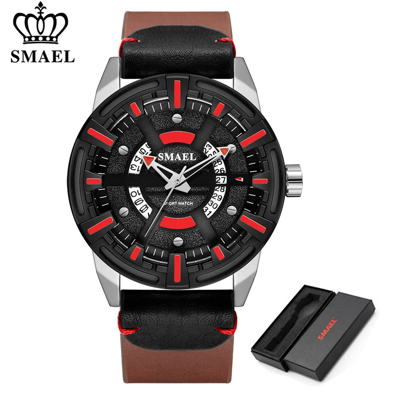 SMAEL Watch Chronograph Sport Men Watches Quartz Clock Leather Waterproof Male Wristwatch Relogio Masculino Fashion Gift for Men - Цвет: Brown Red