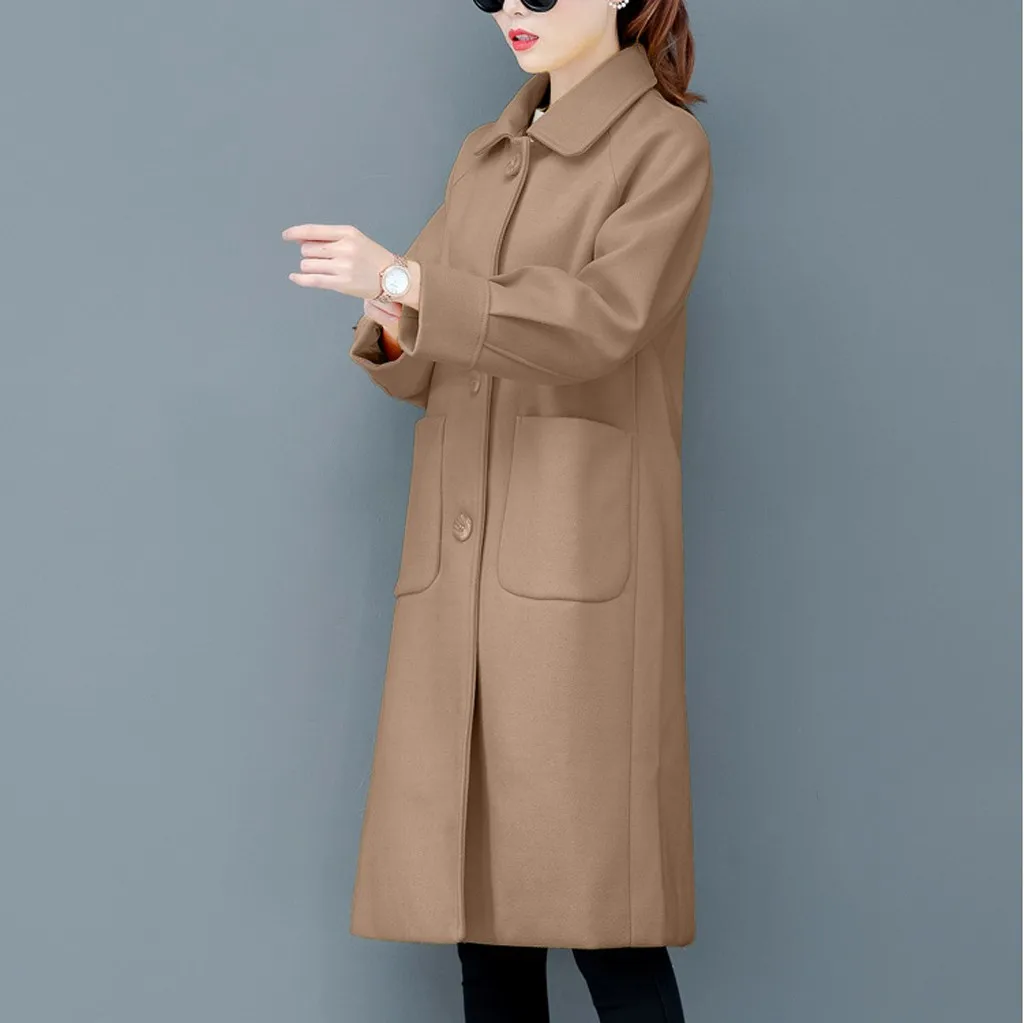 Women Warm windproof Overcoat Work Solid Vintage Winter Office Long Sleeve Button Woolen Jacket Coat Cappotto da donna#3