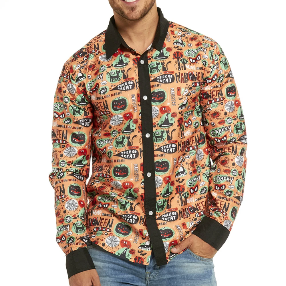 Pumpkin Мужские рубашки, повседневные, разноцветные, с принтом, с длинным рукавом, на пуговицах, рубашки, летние, круглый подол, свободные рубашки, блузки - Color: Pumpkin