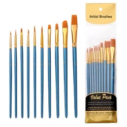 10Pcs/Set Nylon Hair Pearl Light Blue Rod Art Gouache Brush Watercolor Oil Painting Hook Line Pen Paint Brushes Art Supplies