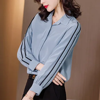 

Simple Important Solid Color Mulberry Silk Shirt 2020 Summer New Style Fold-down Collar Long Sleeve Loose-Fit Slimming Versatile