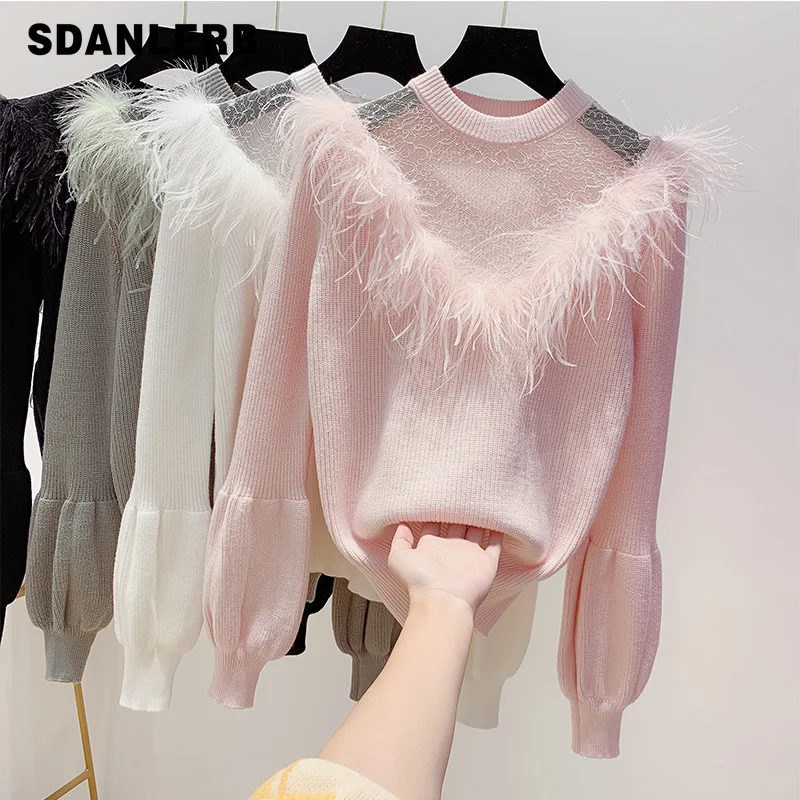Украшенный перьями свитер женский сексуальный свитер супер фея Crewneck перо кисточка прозрачный кружевной темперамент фонарь рукав свитер