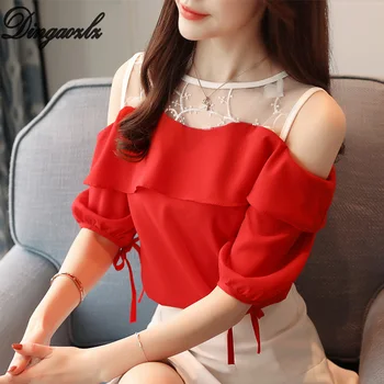 

Dingaozlz New Korean fashion Casual Lace Tops Ruffles Women shirt Off-the-shoulder Mesh Stitching Chiffon blouse