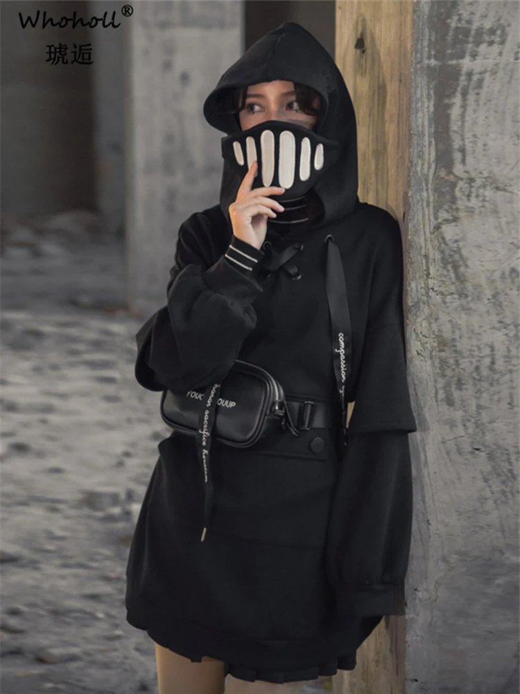 

WHOHOLL Design Harajuku Mori Girl Hoodies Fake Two-piece Thick Velvet Black Hoody Sweatshirt With Mask Increase Bf 2020 Winter