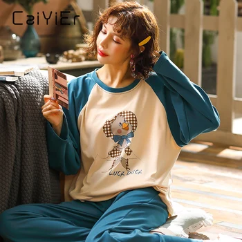 

CAIYIER New Autumn Cotton Pajamas For Women Cute Girls Cartoon Nightwear Thick Long Sleeve Trousers Sleepwear Winter Homewear