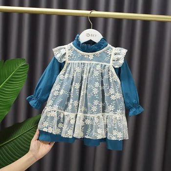 

Baby Girl's Sweet Court Princess Dress Autumn Retro Lace Girl's Long Sleeve Dress Two-Piece Set Kids