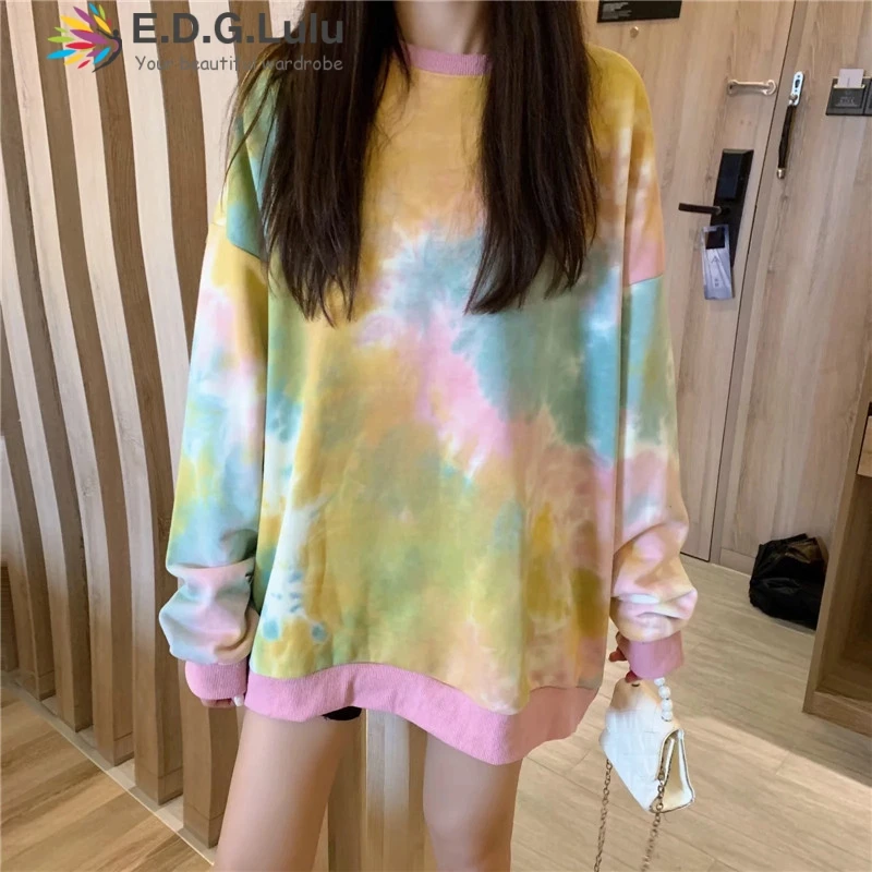 EDGLuLu женские осенние Топы пуловер с принтом tie dye осенне-зимний женский мешковатый свитер с круглым вырезом и длинным рукавом милый пуловер