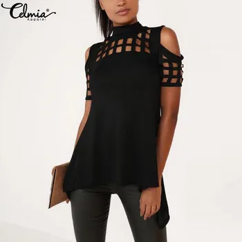 

Celmia Sexy Cold Shoulder Tops 2020 Women Blouse Summer Short Sleeve Hollow Out Split Asymmetrical Casual Female Shirt Plus Size