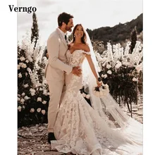 

Verngo Exquisite Full Lace Applique Mermaid Wedding Dress Off the Shoulder Sweep Train Castle Bridal Gowns Luxury 3D Flowers