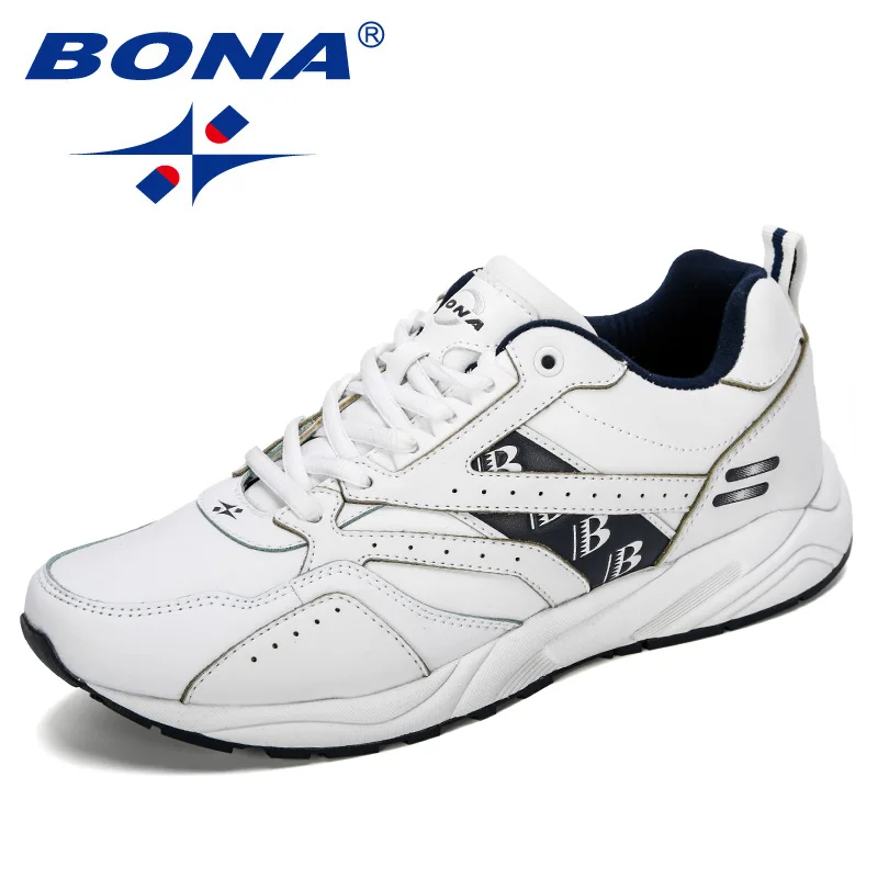 White deep blue BONA New Designers Cow Split Running Shoes Men Outdoor Sneakers Shoes High Quality Breathable Shoes Jogging Tennis Shoes - Цвет: White deep blue