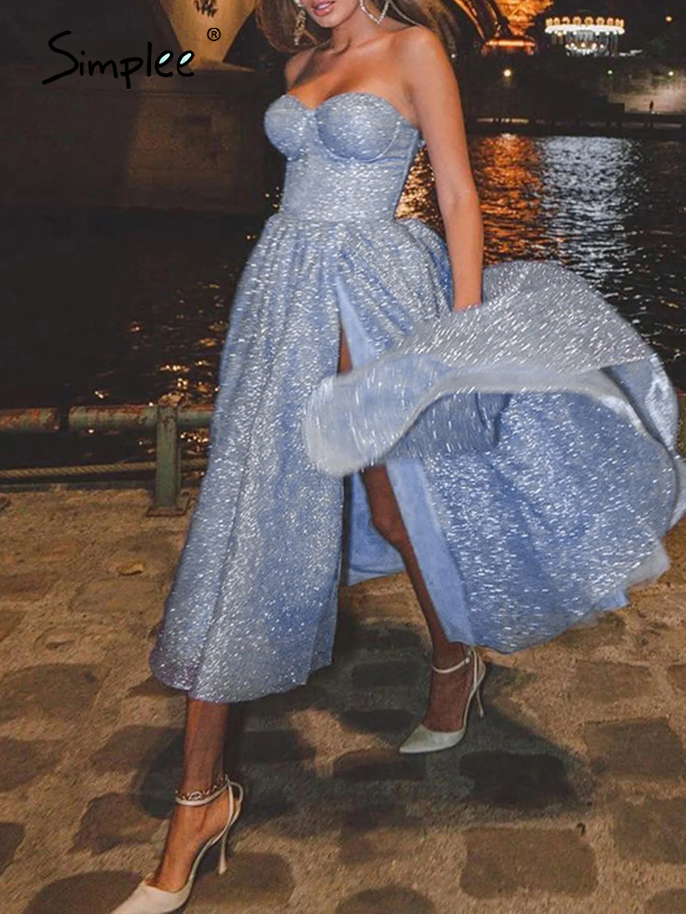 Simplee Strap corset sequin party dress elegant evening long Women pleated split blue vestidos Summer tube frills dresses | Женская