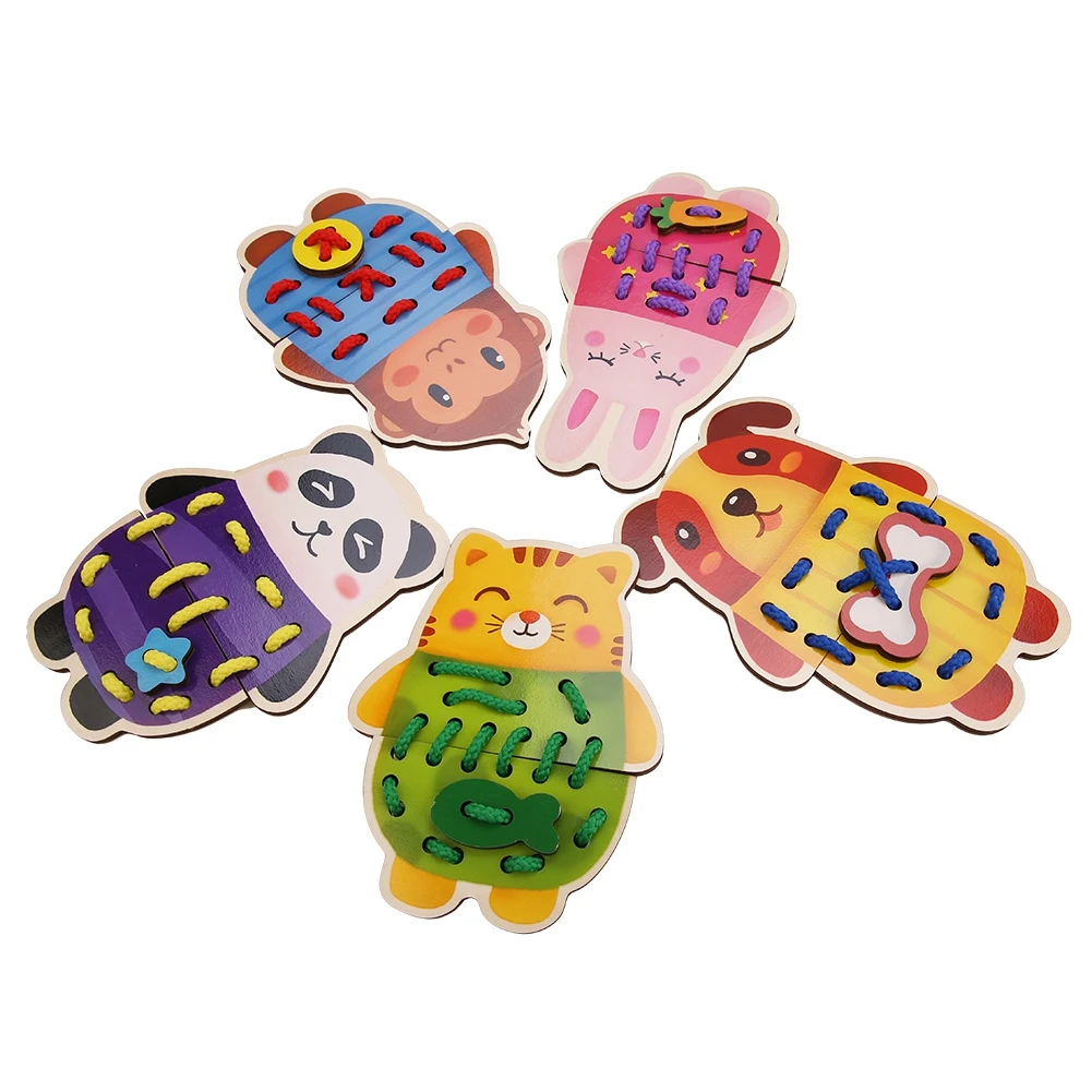 Free ship Kids Wooden Animal Cartoon Threading Lacing Change Clothes Intelligence Developmental Toy Eye-hand Coordination Game
