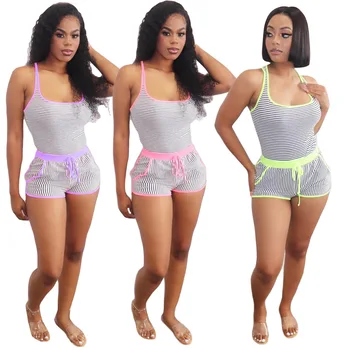 

2020 Sexy Fitness Two Piece Outfit for Women Neon Color Striped Spliced Tank Vest Slim Top Drawstring Biker Short Plus Size Sets