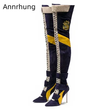 

New Autumn Over The Knee Boots Women Sexy Pointed Toe Stiletto High Heels Botas Fashion Cross Tied Mixed Color Thigh High Botas