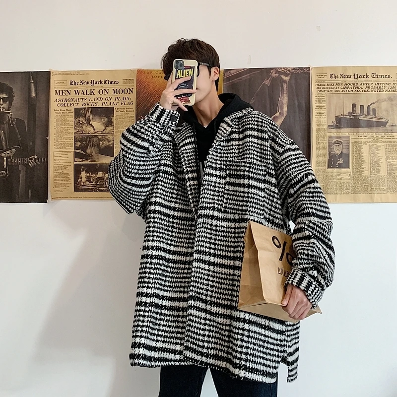 Men's Worsted Woollen Blends Loose Cashmere Jacket Long Male Wool Trench Overcoat Loose Cotton-padded Clothes Coats M-XL