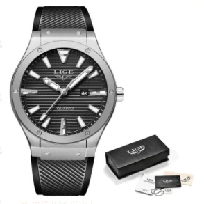 Silver black LIGE мужские часы с силиконовым ремешком, мужские военные спортивные часы, мужские водонепроницаемые часы из нержавеющей стали, золотые кварцевые часы, мужские часы - Цвет: Silver black