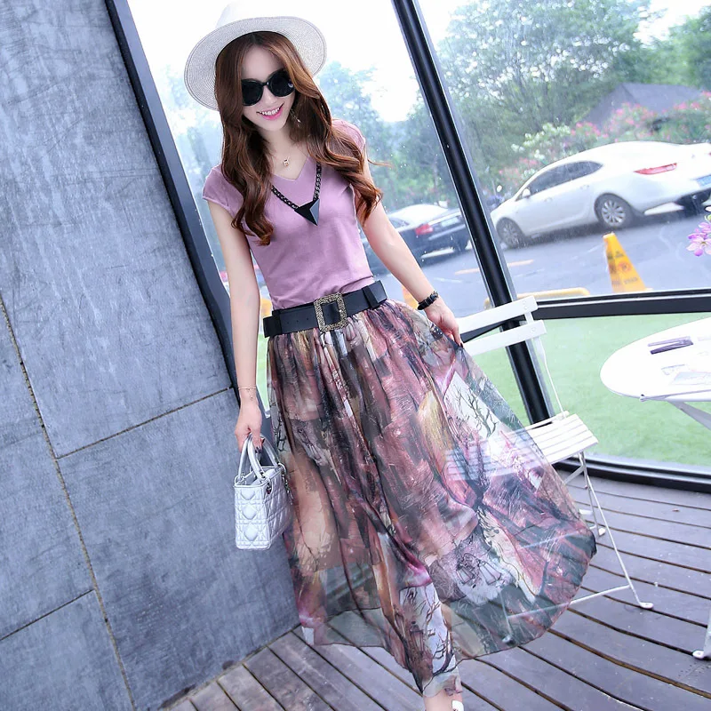 

Dress Outfit 2019 Summer Wear New Style Korean-style Chiffon Dress Slim Fit Two-Piece Set WOMEN'S Dress Mid-length Printed Dress