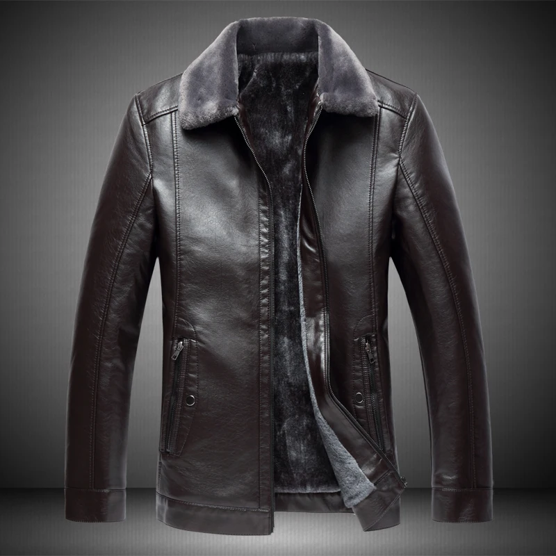 Men's PU Leather Jacket Winter Plus Velvet Thickening Business Men's Slim Jacket, Plus Fertilizer XL Lapel Warm Leather Jacket