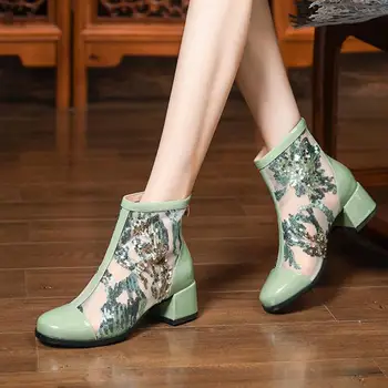 

YourSeason Retro Women Genuine Leather Sandals Boots 2020 Summer Round Toe Female Concise Zipper Embroider Mesh Party Shoes