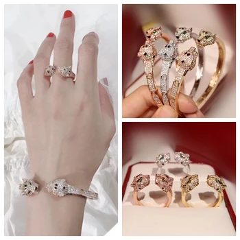 

Fashion Leopard Head Charm Bracelet + Finger Ring Jewelry Set Micro Zirconia Panther Animal Women Men Party Jewelry