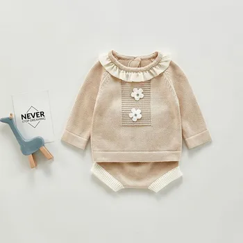 

2020autumn Winter Beige Knitted Suits Baby Clothes Sets Sweater Girls Sets Ruffles Long Sleeve Sweater+pp Short 2pcs Kids Suits