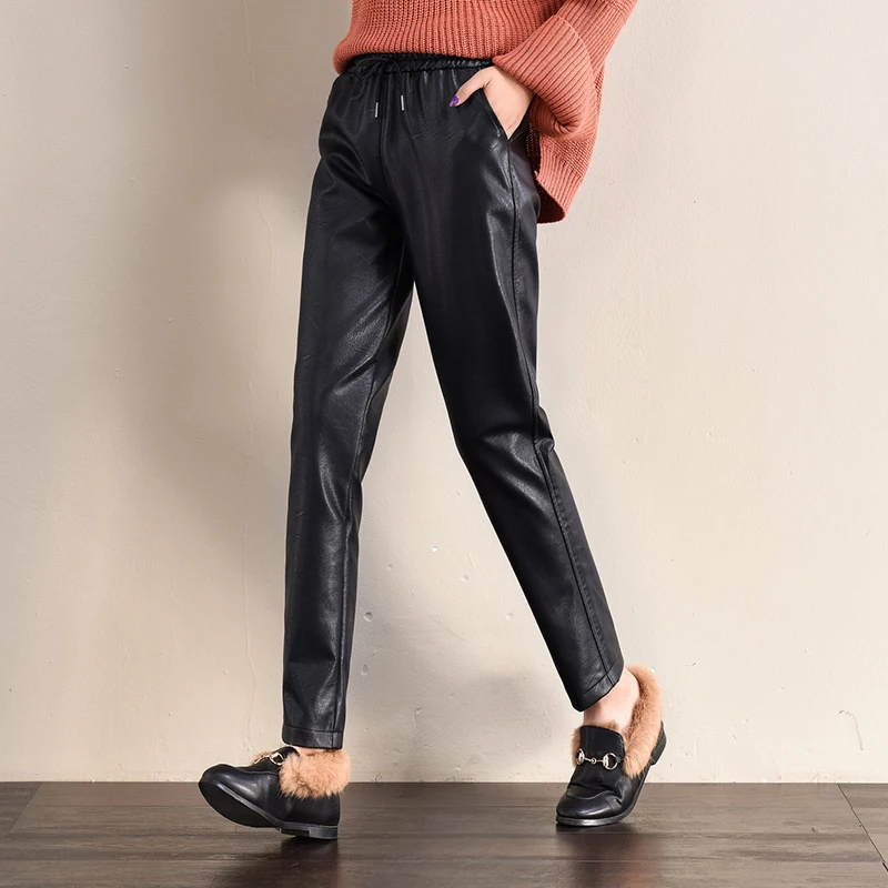 Vintage stylish faux leather pants with pockets; Women Elastic Waist Drawstring Bow Tie Female Harem Pants Mujer