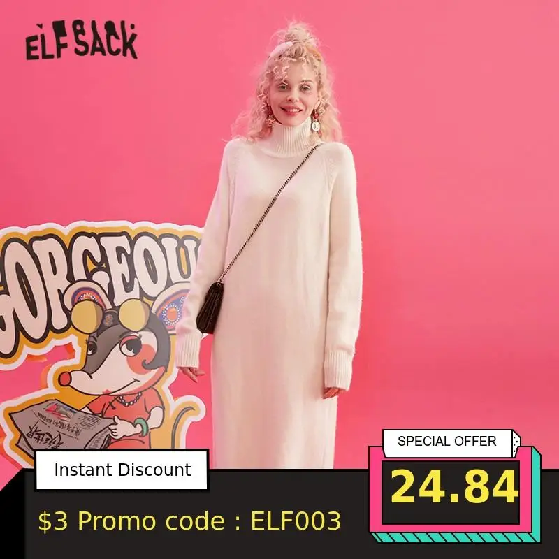 ELFSACK, разноцветное, одноцветное, минималистичный стиль, вязаное платье для женщин,, зимнее, корейское, ТРАПЕЦИЕВИДНОЕ, чистое, с длинным рукавом, свободное, женское, Повседневное платье