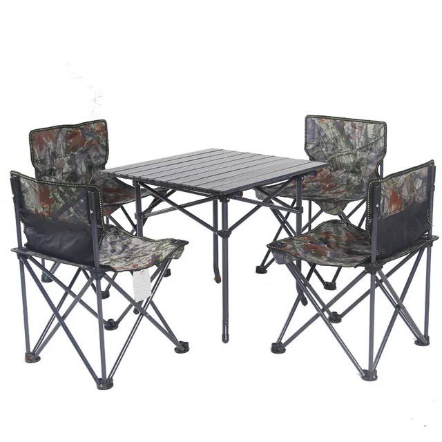 5 Pcs Sets Outdoor Fishing Barbecue Camping Beach Self-driving BBQ Tour Picnic Camouflage Table Chairs Folding Aluminum Alloy
