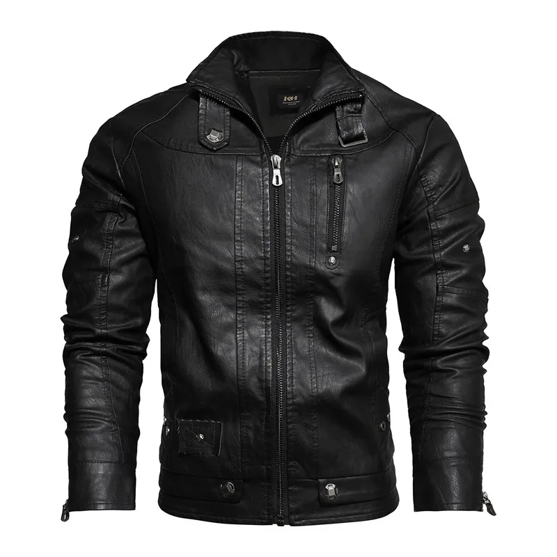 Fashion Winter Leather Jacket Men Stand Collar Motorcycle Washed Retro Velour Leather Jacket European Size Mens Coats Punk Style leather bomber jacket Casual Faux Leather