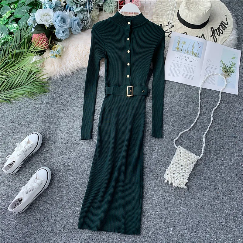 

Women's Midi Knit Sweater Dress 2019New Autumn and Winter Button Long Sleeve Pencil Dress Knit Bodycon Women's Dress Black RedXL