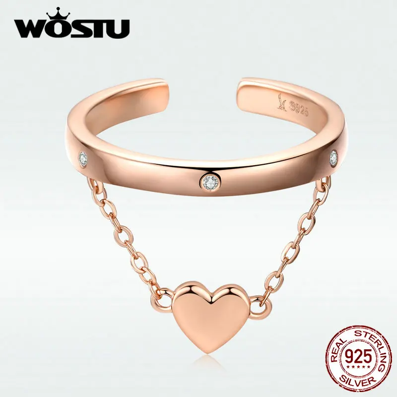 

WOSTU 925 Sterling Silver Ring Heart Chain Wedding Rose Gold Adjustable Stackable Finger For Women Lover Luxury Jewelry BKR572